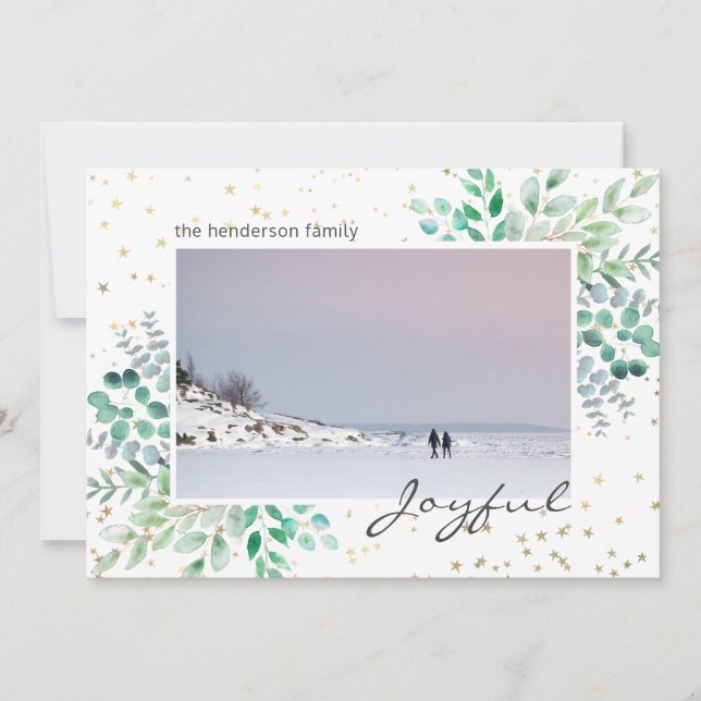 Watercolor Foliage Photo Gold Stars Christmas Holiday Card (Front)