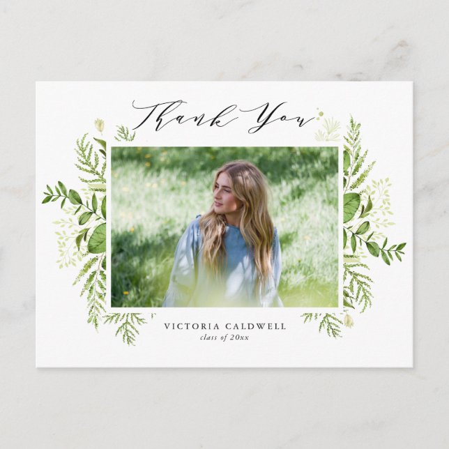 Watercolor Foliage Photo Graduation Thank You Postcard (Front)