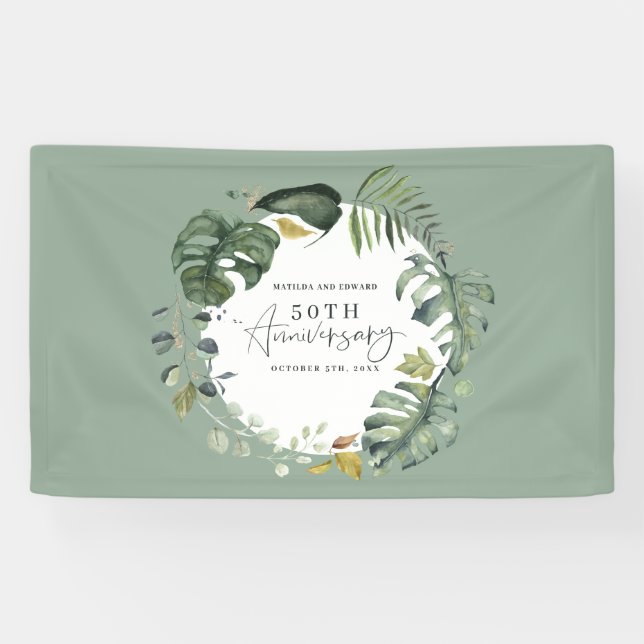 Watercolor foliage photo wedding anniversary party banner (Horizontal)