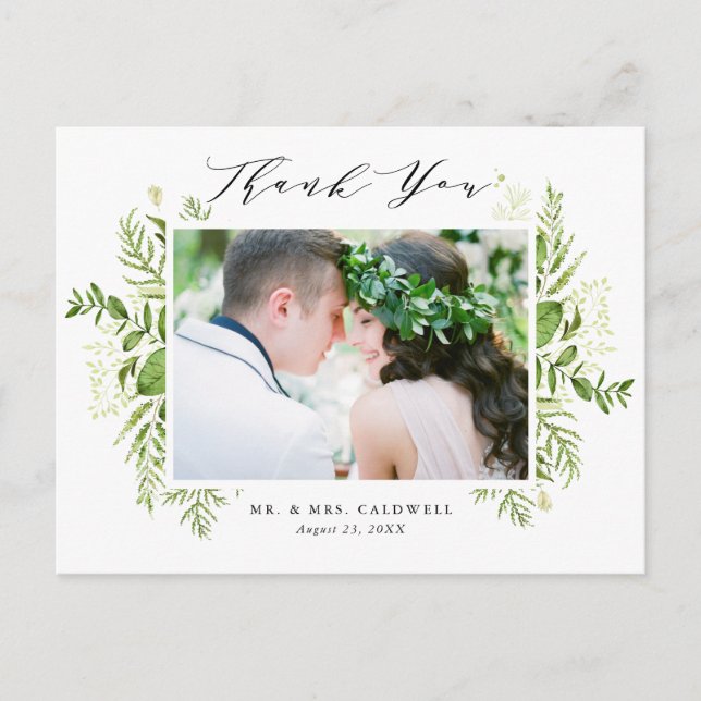 Watercolor Foliage Photo Wedding Thank You Postcard (Front)