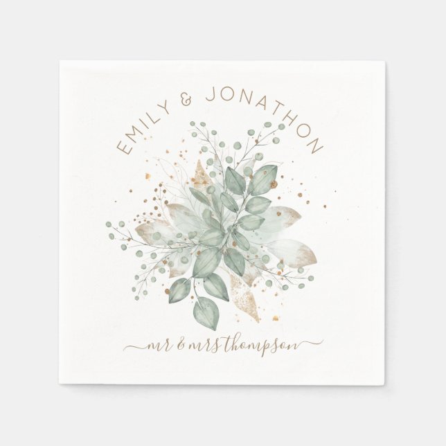 Watercolor Foliage Sage Gold Couples Names Napkin (Front)