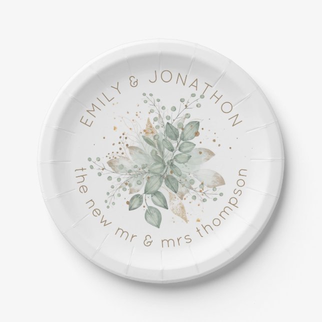Watercolor Foliage Sage Green Gold Couples Names Paper Plate (Front)