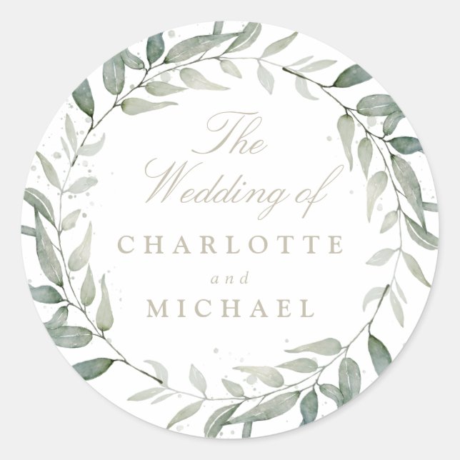 Watercolor foliage sage leaves wreath classic round sticker (Front)