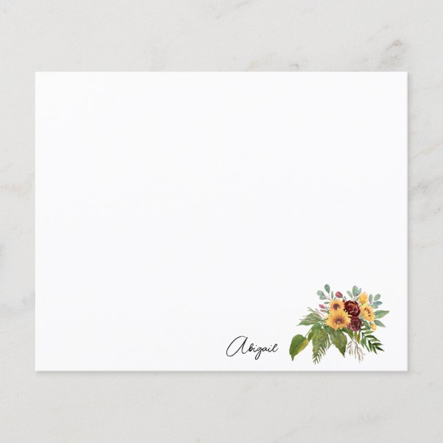 Watercolor Foliage Sunflower Custom Stationery (Front)
