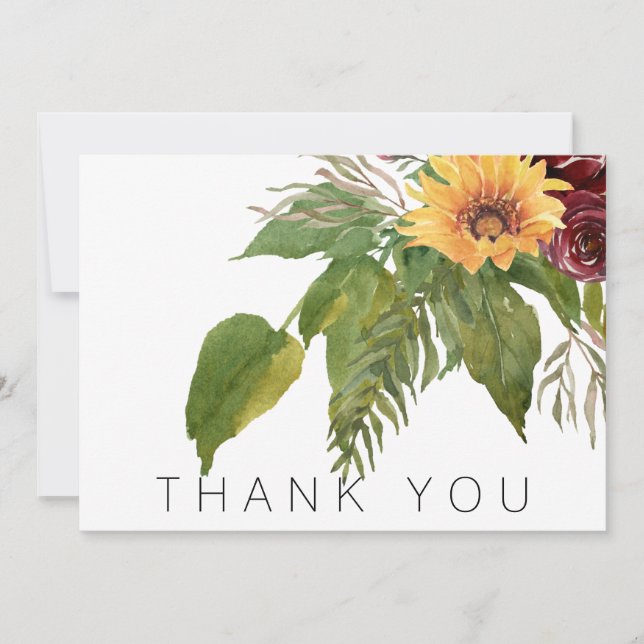 Watercolor Foliage Sunflower Funeral Thank You Card (Front)