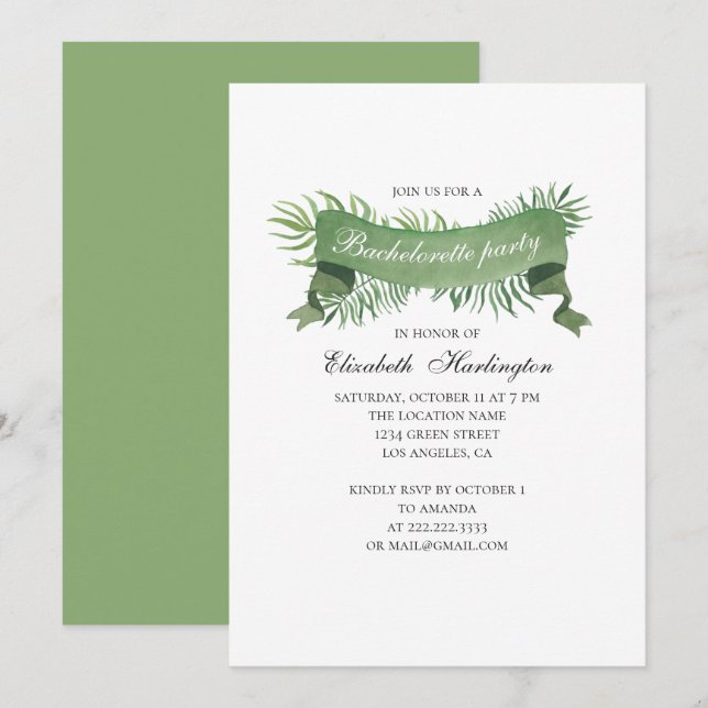 Watercolor foliage. Tropical bachelorette party Invitation (Front/Back)