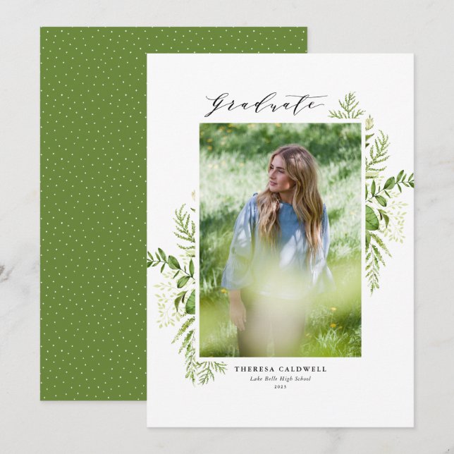 Watercolor Foliage Vertical Photo Graduation Announcement (Front/Back)