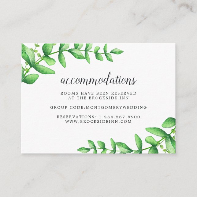 Watercolor Foliage Wedding Hotel Accommodation Enclosure Card (Front)
