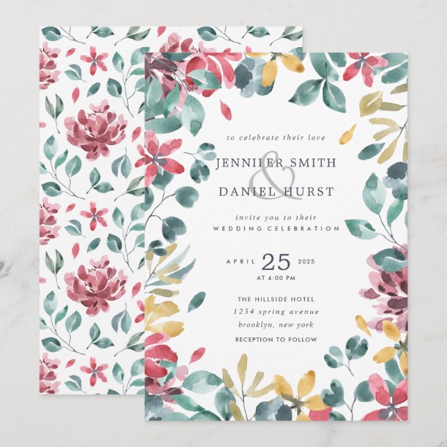 Watercolor Foliage Wedding Invitation (Front/Back)