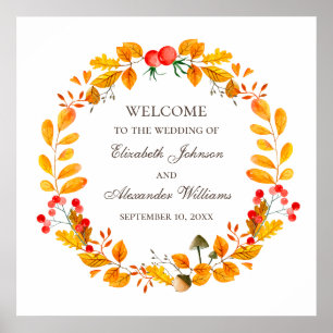 Watercolor foliage. Woodland fall wedding welcome Poster