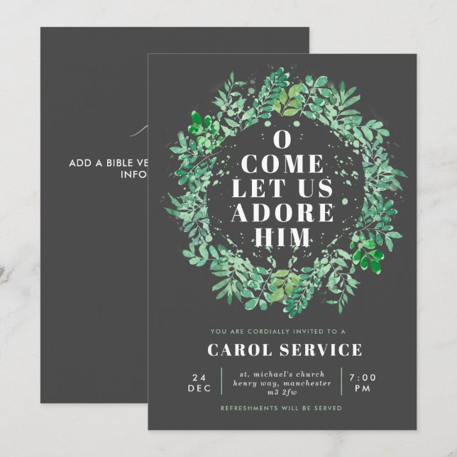 Watercolor Foliage Wreath Church Christmas Service Invitation (Front/Back)