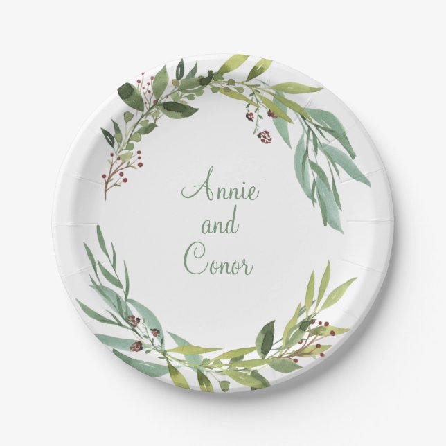 Watercolor Foliage Wreath Paper Plate (Front)