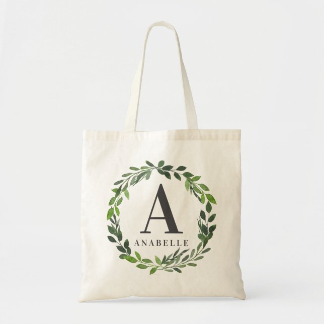 Watercolor foliage wreath personalised initial tote bag (Front)