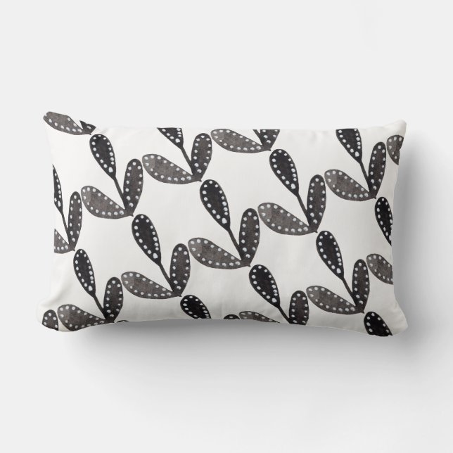 Watercolor Folk Art Black Leaves Lumbar Cushion (Front)