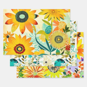Watercolor Folk Art Flowers Birthday Wrapping Paper Sheet