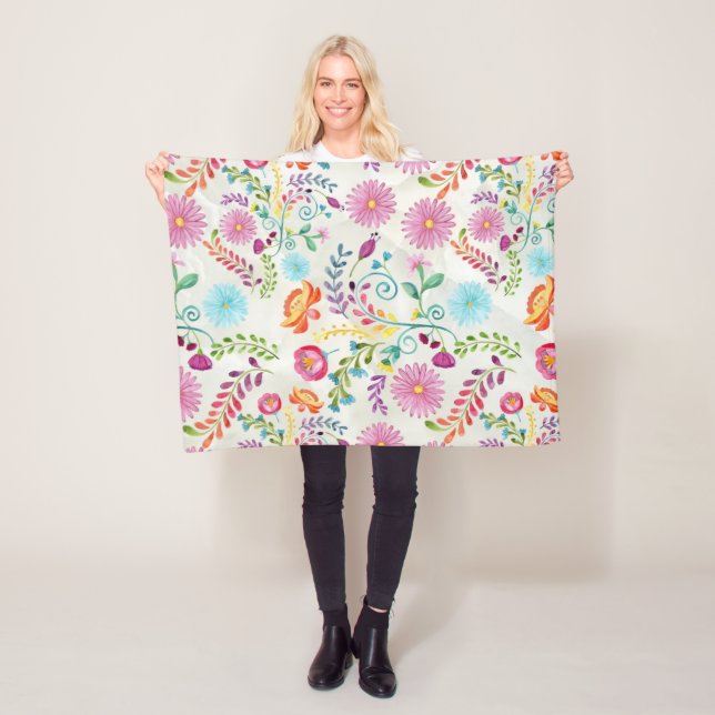 Watercolor Folk Flowers - Customisable Fleece Blanket (In Situ)
