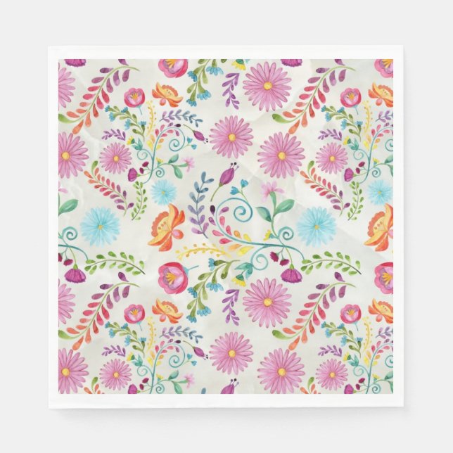 Watercolor Folk Flowers - Customisable Napkin (Front)