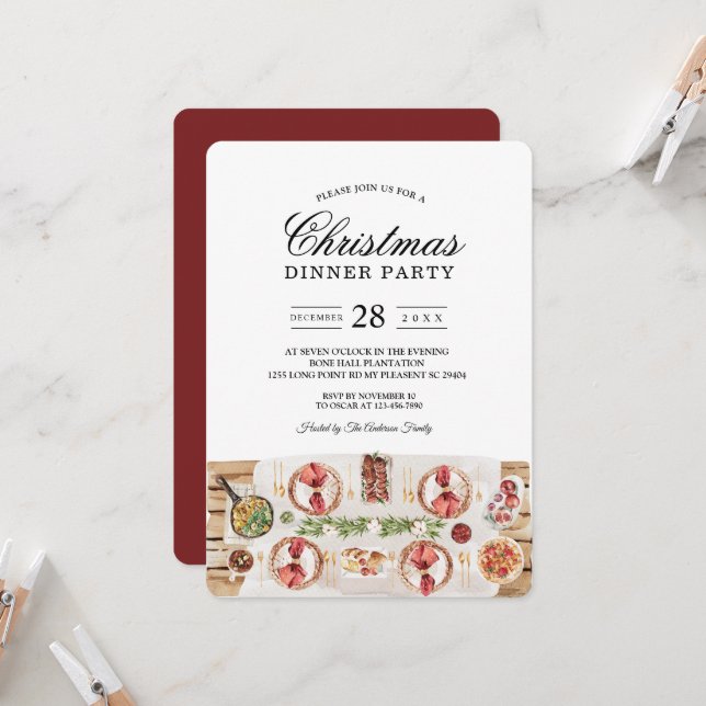 Watercolor Food Table | Christmas Dinner Invitation (Front/Back In Situ)