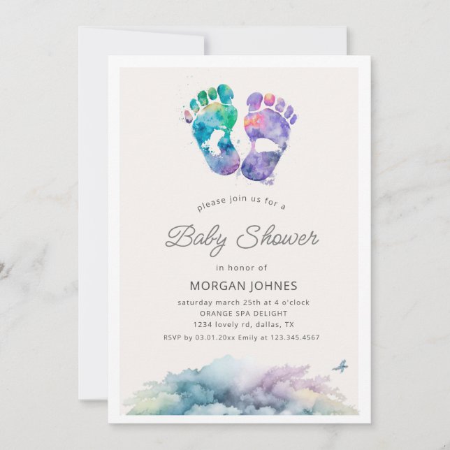watercolor foot stamp baby shower invitation (Front)