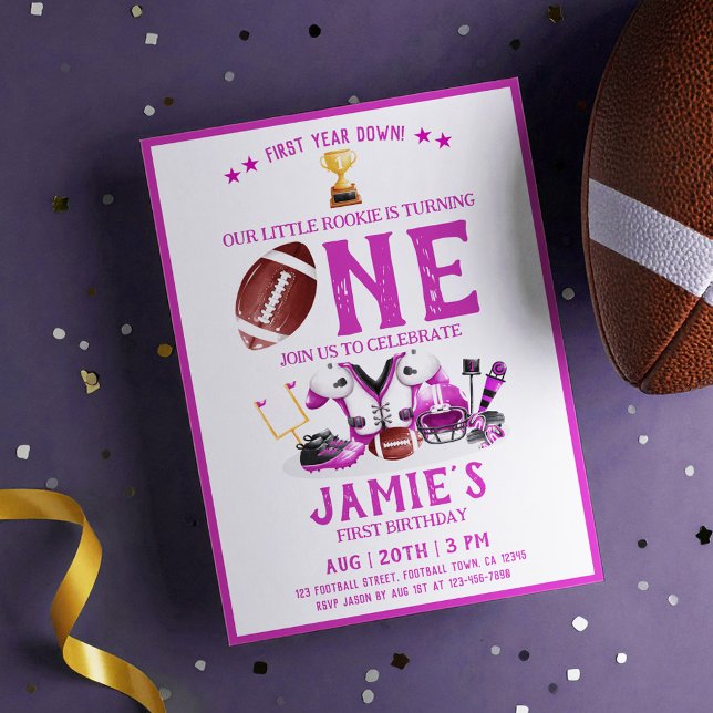 Watercolor Football All Star Pink 1st Birthday Invitation (Creator Uploaded)