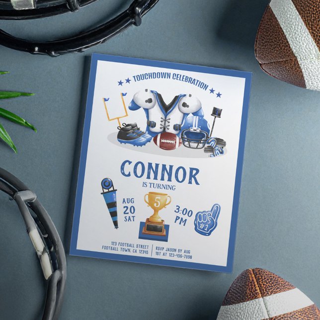 Watercolor Football Blue Budget Birthday Invite (Creator Uploaded)