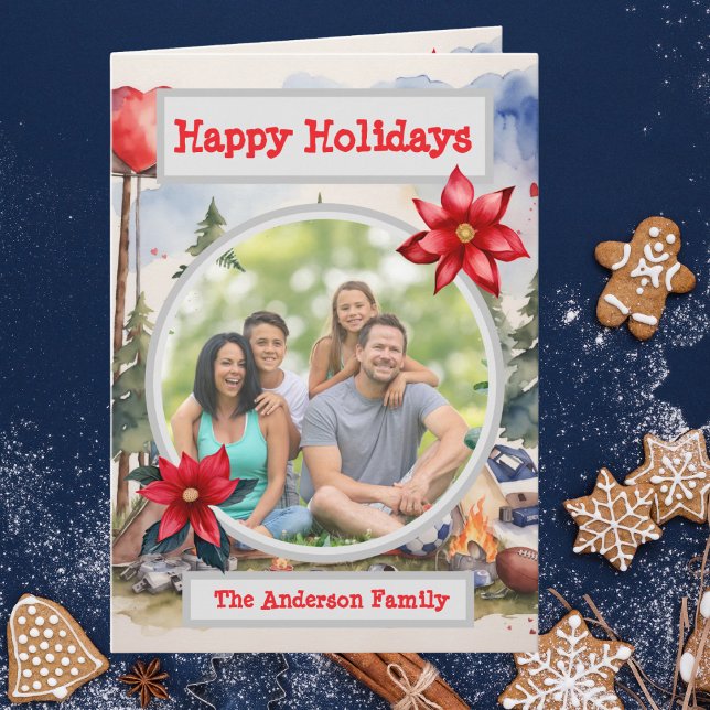 Watercolor Football Family Photo Holiday Greeting  Card (Creator Uploaded)