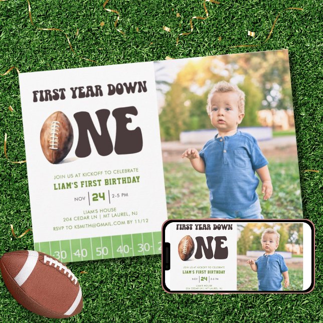 Watercolor Football First Year Down 1st Birthday  Invitation (Creator Uploaded)