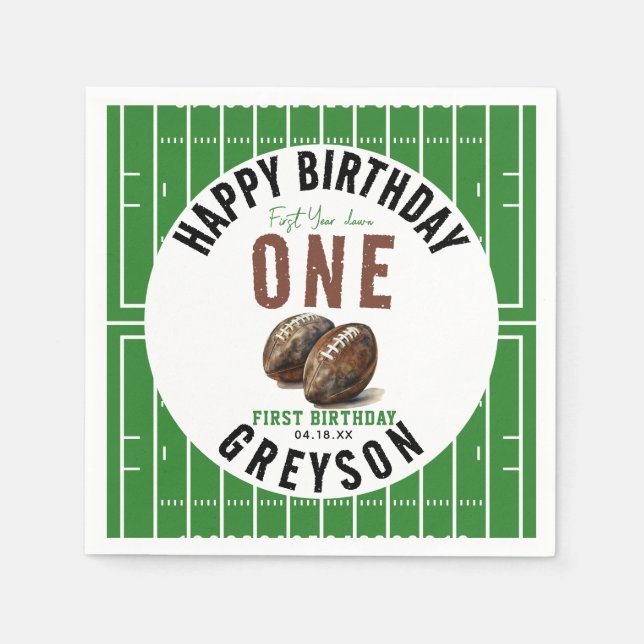 Watercolor Football First Year Down | 1st Birthday Napkin (Front)