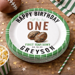 Watercolor Football First Year Down 1st Birthday Paper Plate