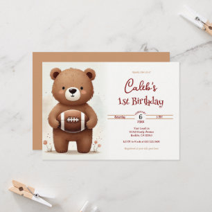 Watercolor Football Teddy Bear 1st Birthday Party Invitation