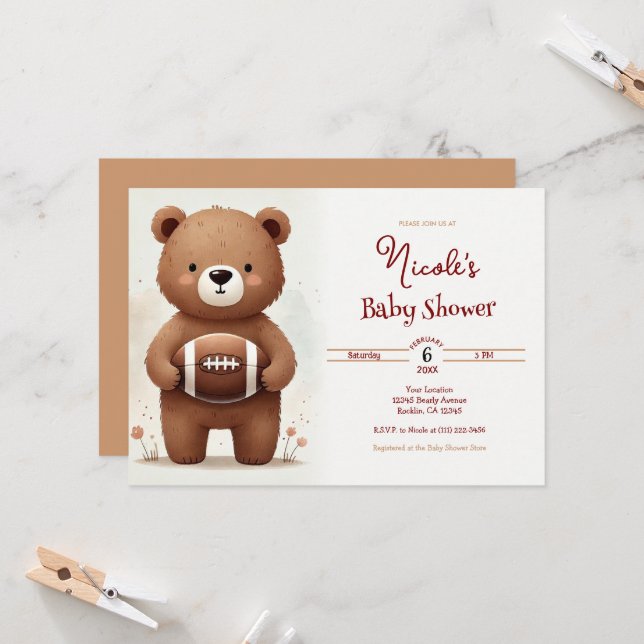 Watercolor Football Teddy Bear Baby Shower Invitation (Front/Back In Situ)