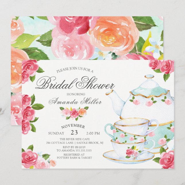 Watercolor Foral Tea Bridal Shower Invitation (Front/Back)