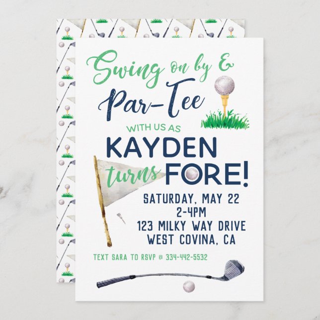 Watercolor FORE Golf Birthday Invitation (Front/Back)
