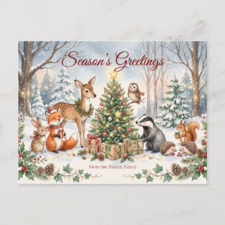 Watercolor Forest Animals Christmas Postcard