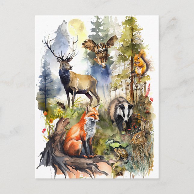 Watercolor Forest Animals Deer, Fox, Badger, and  Postcard (Front)