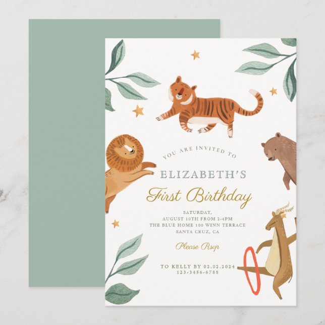 Watercolor forest animals first birthday (Front/Back)