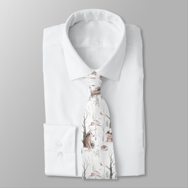 Watercolor Forest Animals Tie (Tied)