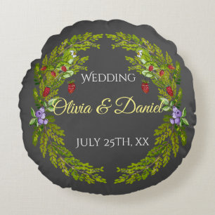 Watercolor forest berries and mushrooms wedding wr round cushion