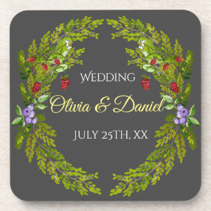 Watercolor forest berries wedding wreath coaster