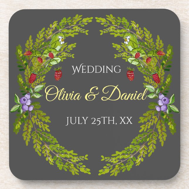 Watercolor forest berries wedding wreath coaster (Front)