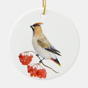 Watercolor forest bird waxwing ceramic tree decoration
