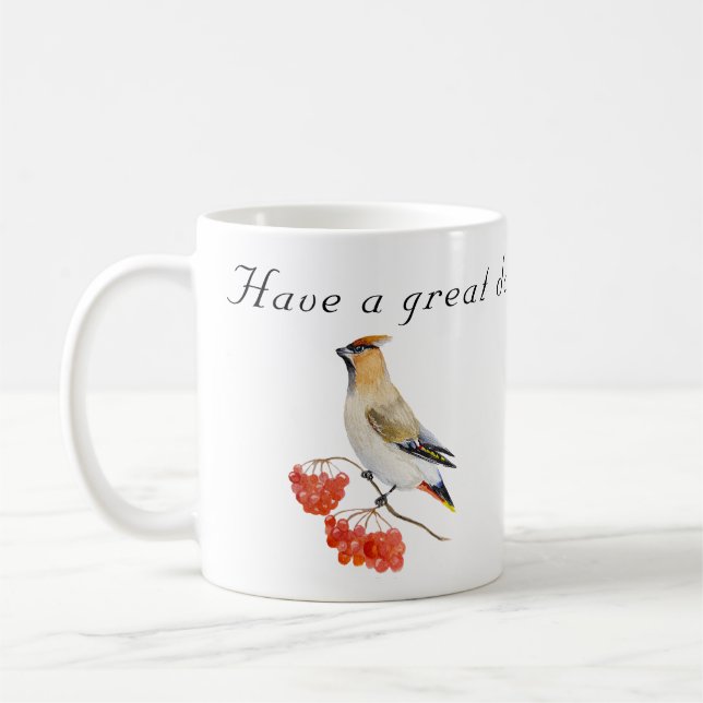 Watercolor forest bird waxwing coffee mug (Left)