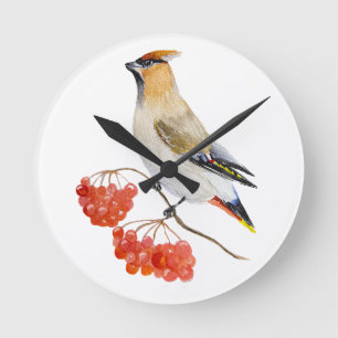 Watercolor forest bird waxwing round clock