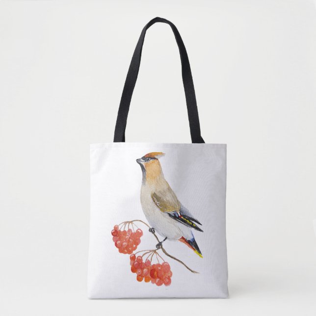 Watercolor forest bird waxwing tote bag (Front)