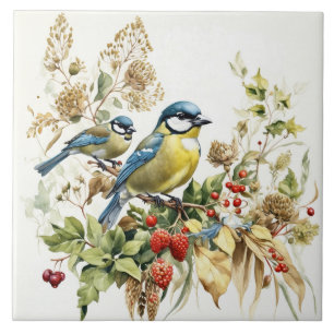 Watercolor Forest Birds and Wild Berries Tile