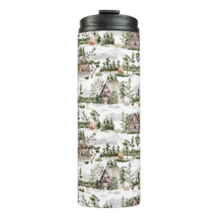 Watercolor Forest Cabin Pattern Thermal Tumbler