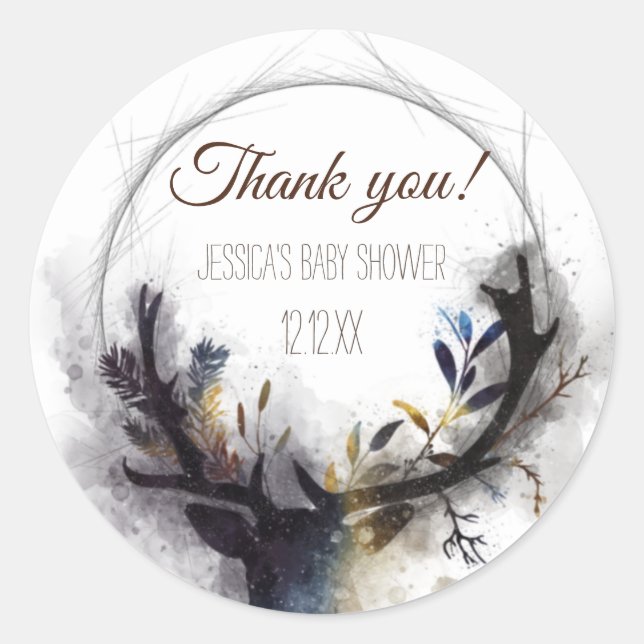 Watercolor Forest Deer Thank You Classic Round Sticker (Front)
