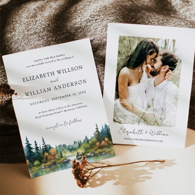 Watercolor Forest Evergreen Tree Wedding Photo Invitation (Watercolor Forest Evergreen Tree Wedding Photo Invitation)