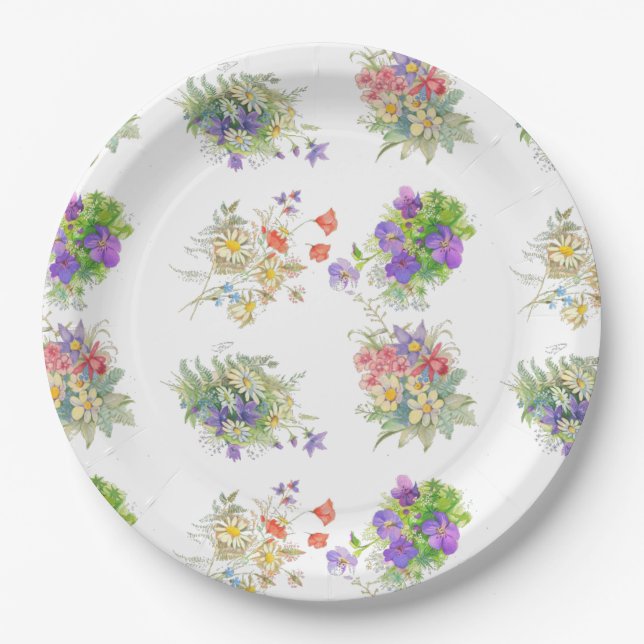 Watercolor forest flowers pattern paper plate (Front)
