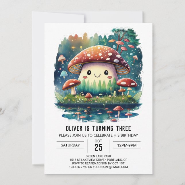 Watercolor Forest Fungi Birthday Invitation (Front)